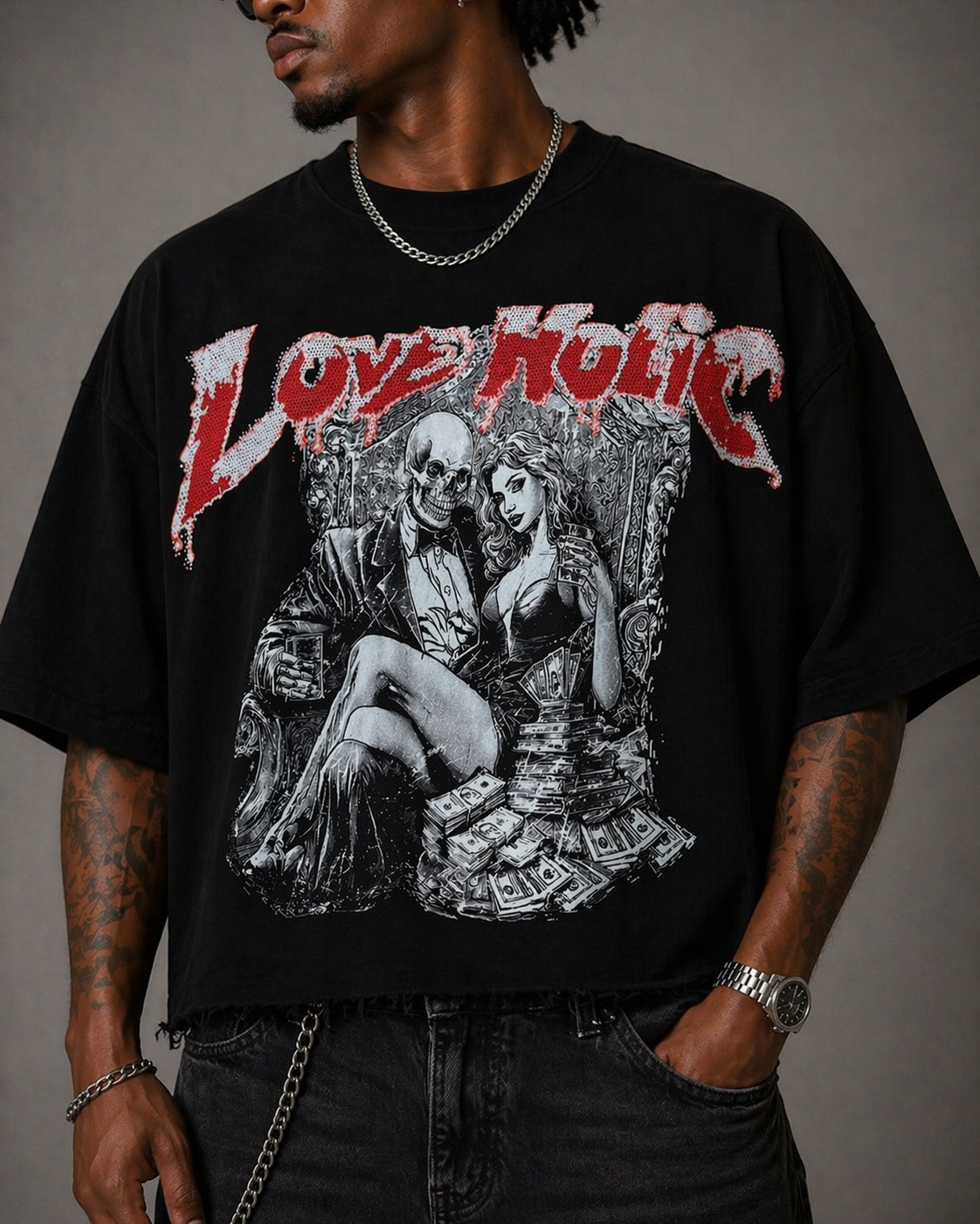 BKYS 'Love Holic' Cropped Rhinestone T-Shirt (Black) T1520