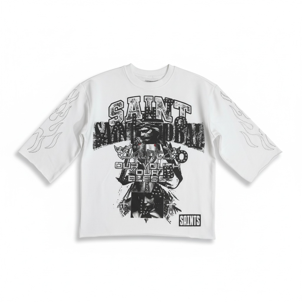 Highly Undrtd 'Saint' Legacy Perm 3/4 Sleeve Rhinestone Cropped T-Shir