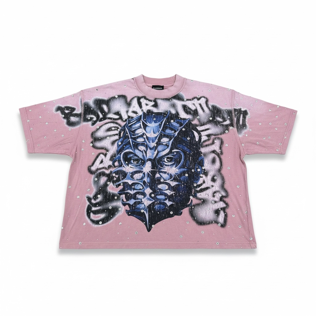Rare Peace 'Mask' Oversized Rhinestone Cropped T-shirt (Dust Pink) RT6