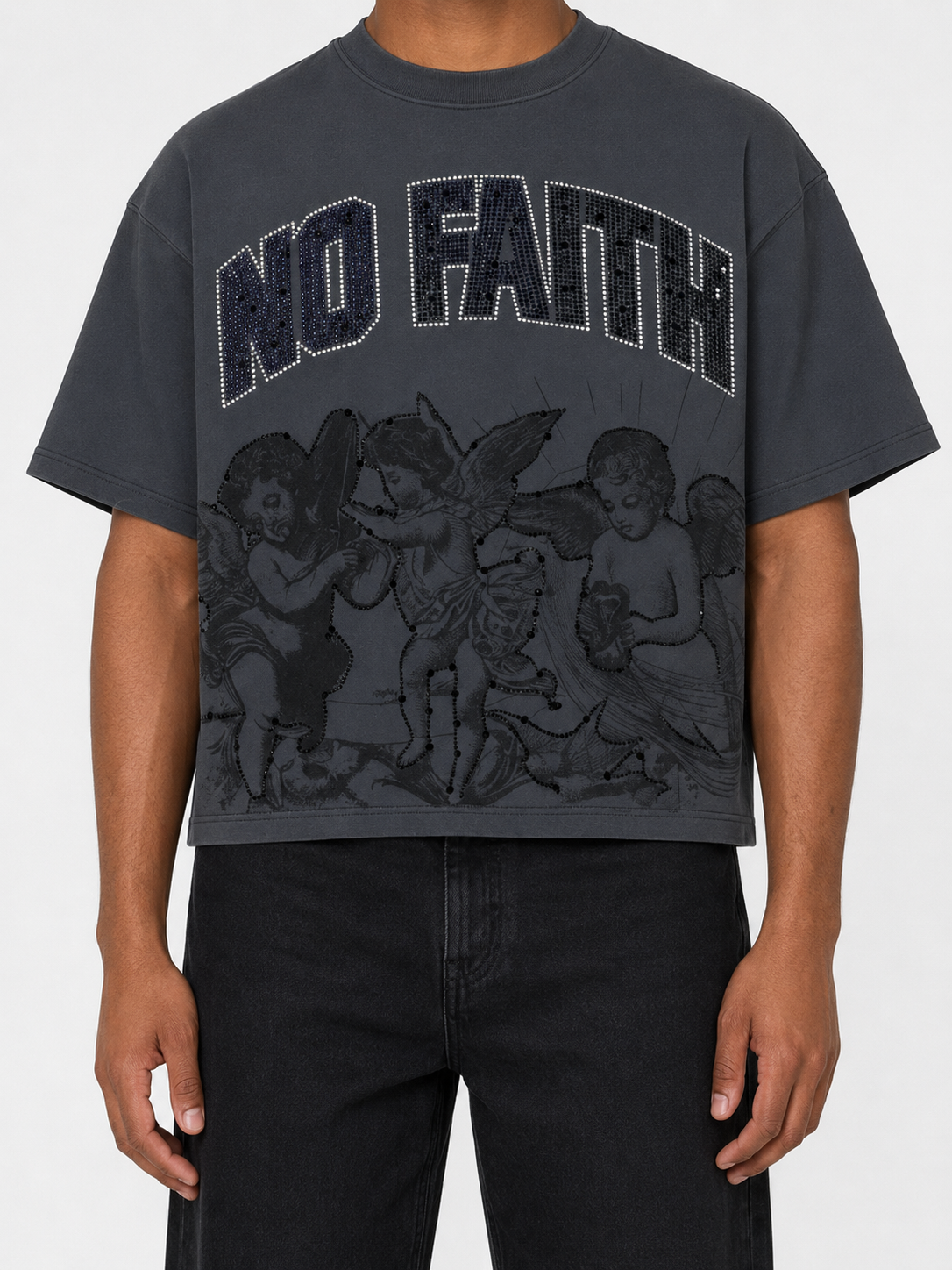 Rare Peace 'No Faith' Oversized Rhinestone Cropped T-Shirt (Dark