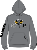 Raiders pro standard Gray hoodie with various patches on a white background