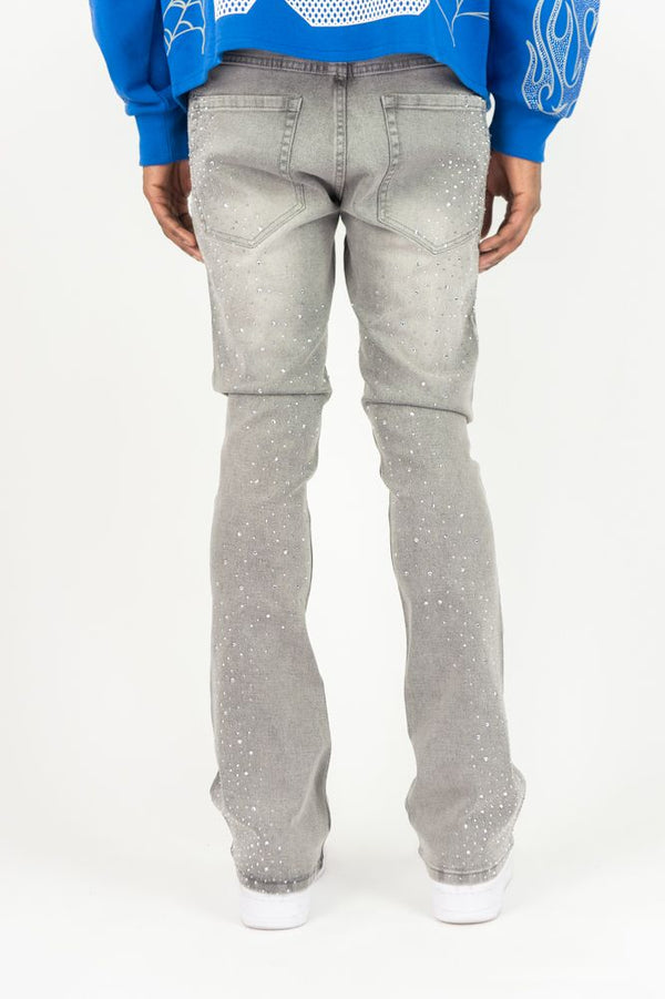 Roar Denim 'Rhinestone' Stacked Flare Denim In Grey