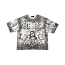 RARE PEACE 'Forever' All Over Print Oversized Rhinestone Cropped Tee in Ecru
