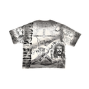 RARE PEACE 'Forever' All Over Print Oversized Rhinestone Cropped Tee in Ecru