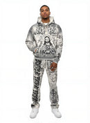RARE PEACE 'Forever' All Over Print Oversized Pull Over Rhinestone Hoodie in Ecru