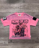 BKYS Mens ‘None Of Us Are Free' Oversized Cropped T-Shirt in Morning Glory