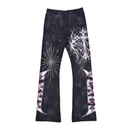 RARE PEACE 'The End' All Over Print Rhinestone Flared Sweatpants in Black