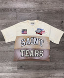 BKYS Mens ‘Saint Tears' Oversized Cropped T-Shirt in Beige