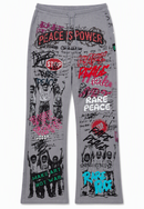 RARE PEACE 'Peace Is Power' All Over Print Flared Sweatpants in Grey