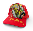 Red cap with embroidered design and 'Jd Hardy' text on a white background