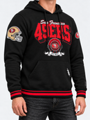 Black Pro Standard San Francisco 49ers hoodie with team badge logo on front, comfortable fleece fabric, casual sportswear style.