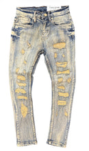 Distressed Vintage blue jeans with rhinestone on a white background. by Fresh n Fitted