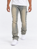 Blue denim Carpenter Rhinestone stacked pants by KIND RED, featuring a trendy design with rhinestone details and a relaxed fit.