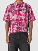 STORM88 IKARI Premium Washed Flannel Crop Top Button Down Shirt In Pink ST8-003