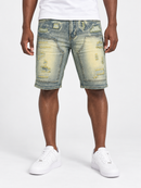 Makobi Prego denim shorts in dirt color, casual fit, featuring distressed details and classic denim texture.