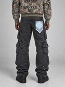 Men's First Row 'Stud' straight fit cargo pants in charcoal denim, showing front view with multiple cargo pockets.