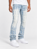 Focus Multilayer Stone Stacked Rhinestone Denim in Ice Blue, stylish blue denim with rhinestone embellishments and layered design.