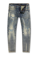 Men's Jordan Craig Geo Storm Collins straight fit denim jeans in Desert Blue, showing the front view and fit details.