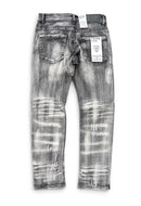 Black washed denim jeans with a distressed, faded texture, shown from the back on a white background. By Fresh N Fitted.