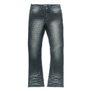 A pair of washed black denim jeans featuring a subtle black rhinestone pattern across the fabric, fading into a distressed, lighter gray wash at the thighs and hems, with ripped detailing at the bottom. By Fresh N Fitted.
