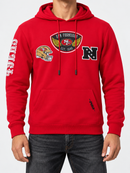 Red Pro Standard San Francisco 49ers hoodie with "Born For Sport" slogan, featuring team logo and athletic style.