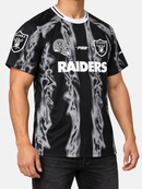 Black and gray Pro Standard Las Vegas Raiders Ultras poly AOP T-shirt with Raiders logo and team graphics displayed on the front.