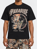 Black Rebel Minds Paradise tapestry T-shirt featuring vibrant graphic artwork on the front.