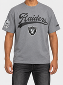 Gray Pro Standard Las Vegas Raiders Living Large drop shoulder T-shirt with Raiders logo and bold graphic design.