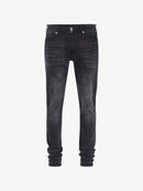 Men's Ksubi Van Winkle Reup Black Kaliba denim jeans with distressed detailing and classic fit, shown on a model.