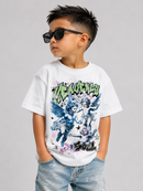 A young boy wearing a white graphic t-shirt with a colorful 'Heavenly Soul' print, styled with light blue jeans and black sunglasses, set against a plain gray studio background.