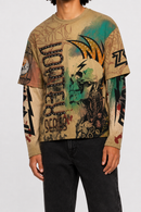 STORM88 HOKES Washed Long Sleeve Regular Graphic Fit Tee In Khaki ST8-020