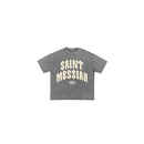 WRLDSNTS Saint Messiah puff print T-shirt in light charcoal, featuring bold graphic design on soft cotton tee.