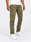 Makobi 'Berteli' olive cargo denim pants with multiple pockets and relaxed fit, displayed on a neutral background.
