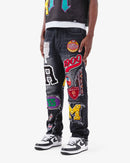 Black wash VOYAGE STUDIO straight fit patch artwork denim jeans displayed on a model.