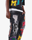VOYAGE STUDIO straight fit denim jeans with patch artwork in black wash, showcasing classic denim texture and design.