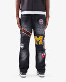 Black wash VOYAGE STUDIO straight fit denim jeans with patch artwork showing front view.