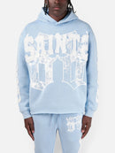 Copper Rivet Saint Patched Cropped Hoodie In Light Blue