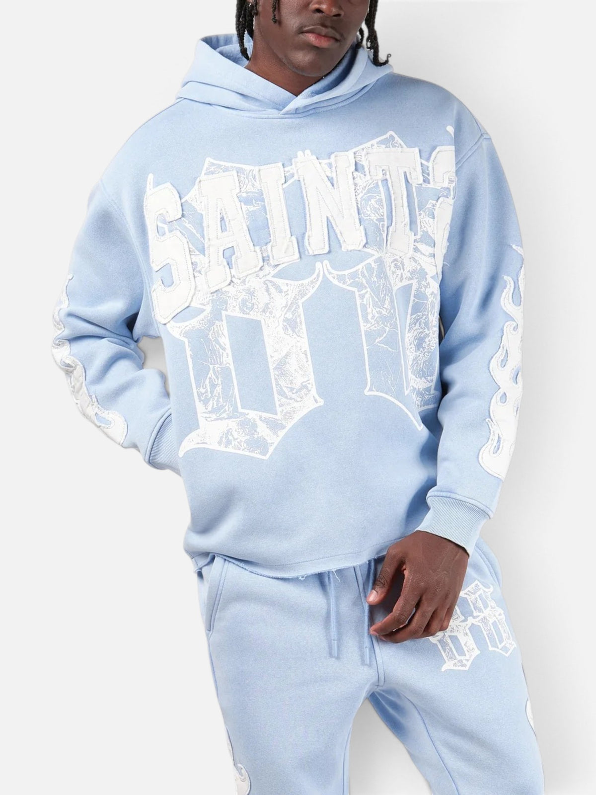 Copper Rivet Saint Patched Cropped Hoodie In Light Blue | FRESH N