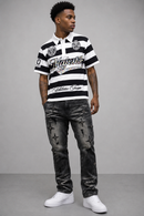 Majestik 'Athletic Team' Rhinestone Rugby Patched Polo Shirt In Black