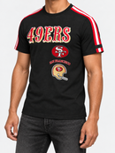 Pro Standard San Francisco 49ers striped retro classic T-shirt in red, three-quarter view showcasing team logo and vintage design.