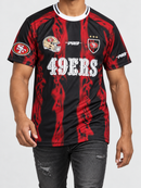 Pro Standard San Francisco 49ers Ultras poly all-over print red and black T-shirt with team logo and design.