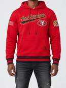 Red San Francisco 49ers 'Script Tail' hoodie by Pro Standard featuring team logo and script lettering on front.