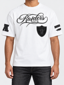 Pro Standard Las Vegas Raiders blackout drop shoulder T-shirt in white, featuring team logo and relaxed fit style.