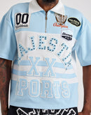 Majestik 'Champion' Rhinestone Rugby Patched Polo Shirt (Light Blue) SH26105