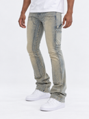 Blue denim Carpenter Rhinestone stacked pants by KIND RED, featuring a relaxed fit and decorative rhinestone details.