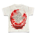 A white short-sleeve t-shirt with a large graphic on the back featuring a metallic silver cross inside a red circular flame-like design, with the word 'SAINTS' printed below. By Fresh N Fitted.