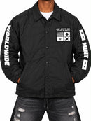 Men's Mint 'World Tour' black button-up windbreaker jacket, stylish lightweight outerwear with a sleek design.