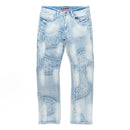 Light blue denim jeans with distressed details on a white background. By Fresh N Fitted
