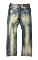 A pair of men's straight-leg jeans shown from the back, featuring a faded blue wash with prominent cream and off-white vertical streaks throughout. A brown leather brand patch is visible on the back waistband. By fresh n fitted.