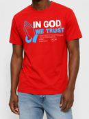 Red R3TRO WORLD T-shirt featuring "In God We Trust" printed design, casual unisex tee for everyday wear.
